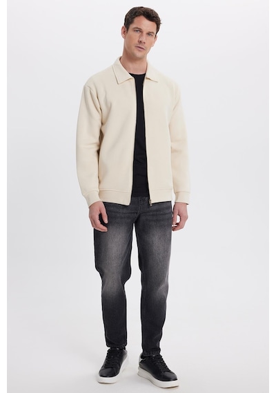 Tudors Unisex Relax Fit Rahat Kesim Pamuklu İç Polarlı Fermuarlı Bej Polo Yaka Flato Cepli Sweatshirt Hırka-41998 Bej