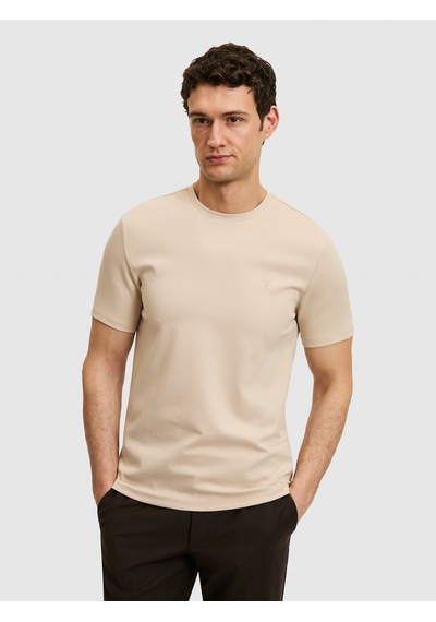 Bej Slim Fit Modal Karışımlı Bisiklet Yaka Basic T-shirt