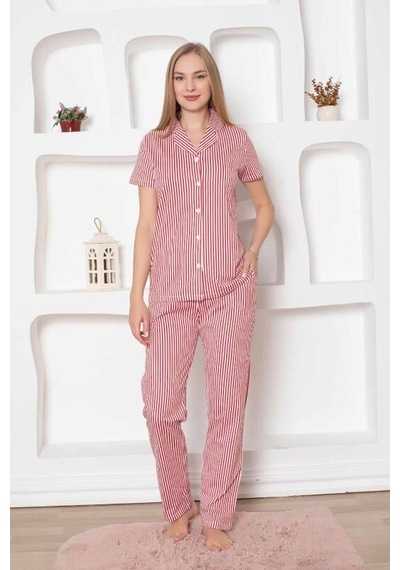 Monox Kadın Önden Düğmeli Kısa Kol Likralı Çizgili Gömlek Pijama Takımı Kırmızı