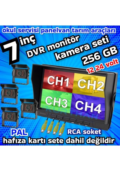 4 Adet Şapkalı Metal Kasa Ledli Kamera 7 İnç Hybrid 256 Gb Destekli Dvr Monitör - 12 24 Volt