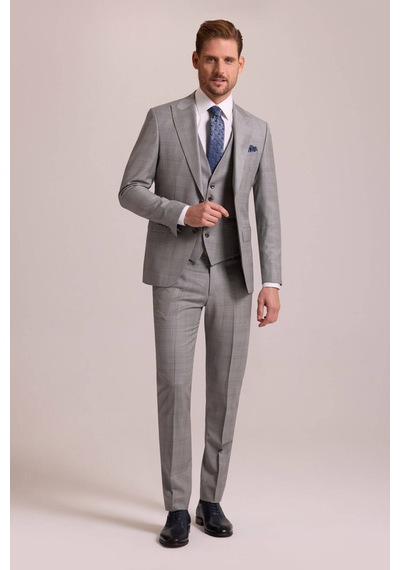 Erkek Gri Krem Slim Fit Sivri Yaka Yelekli Yün Kareli Takım Elbis Gri - Krem