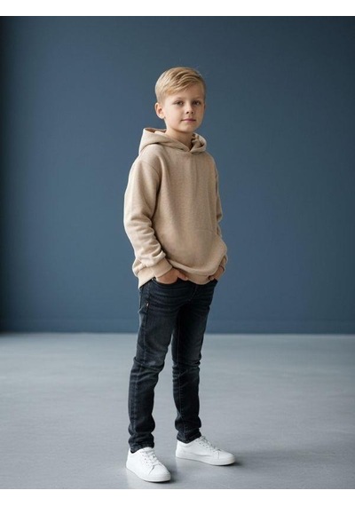 Zekids Erkek Çocuk Kapüşonlu Batik Desenli Sweatshirt-16394 Bej