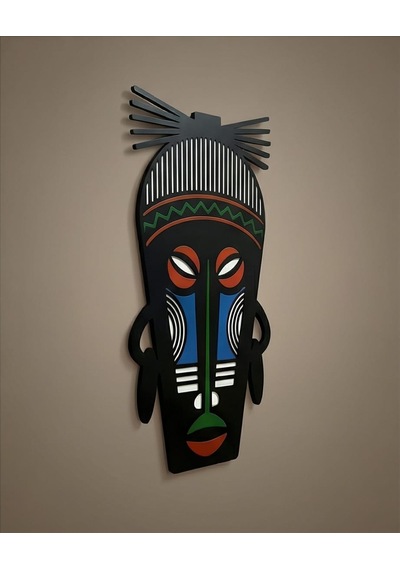 Afrika Tribal Ahşap Duvar Mask Mdf - Siyah Yeşil Mavi Klasik Kabile Maskı 1