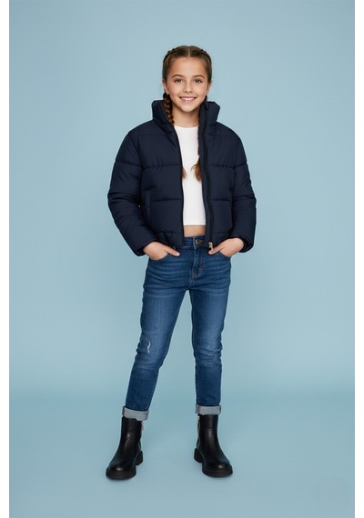 Fullamoda Beli Lastikli Crop Kız Çocuk Şişme Mont Lacivert