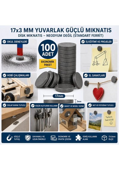 100 Adet Mıknatıs 17x3 Mm Yuvarlak Güçlü Mıknatıs Cpr-8816-f3e73
