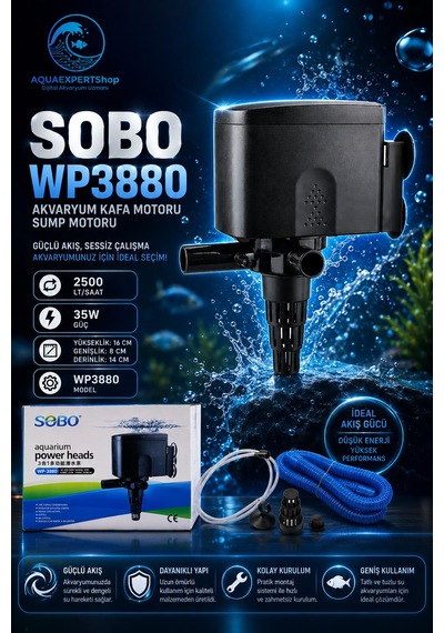Sobo Akvaryum Kafa Motoru - Sump Motoru - 2500 Lt/saat - 16-8-14 Cm - 35w - Yüksek Su Sirkülasyonu - Wp 3880