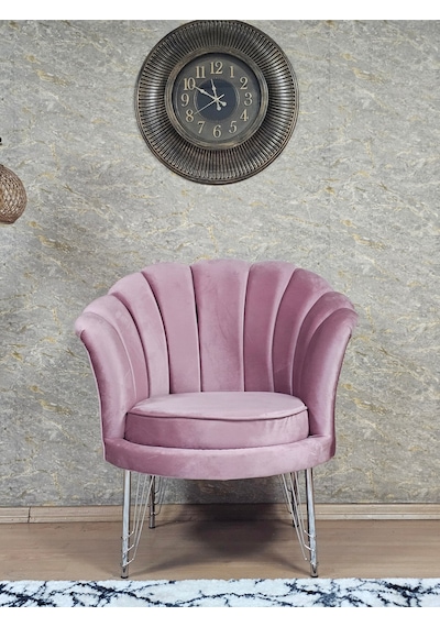 Zafir Tekli İstiridye Krom Kaplama Telli Ayak Çay Seti Koltuk Tekli Berjer , Balkon, Salon, Ofis Pembe