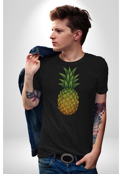 Ananas Meyve Unisex Unisex Siyah Organik Baskılı T-shirt Penye Yüksek Kalite Siyah