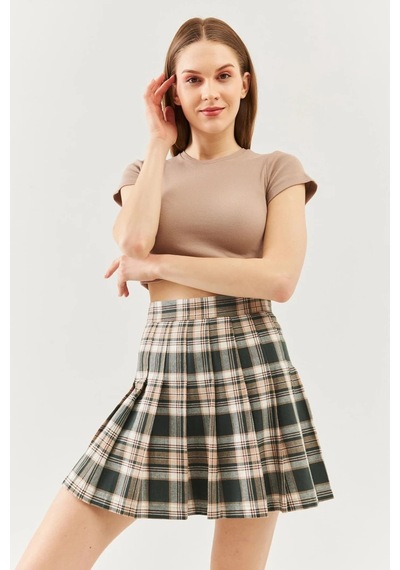 Butikgiz Kadın Kısa Kol Bisiklet Yaka Vücuda Oturan %100 Pamuklu Kaşkorse Esnek Crop Bluz Açık Kahve