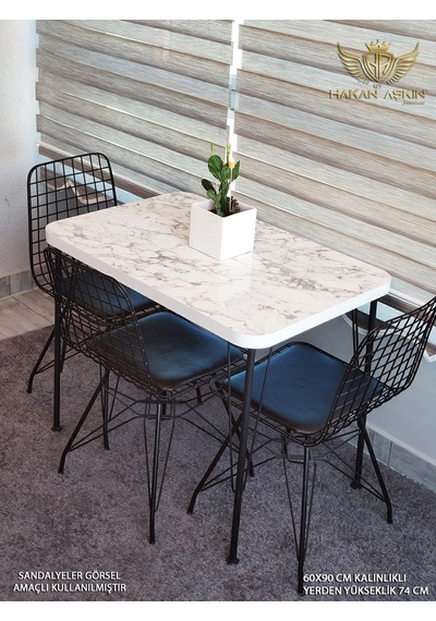 By Hakan Aşkın Siyah Metal Ayaklı 60x90 Cm Kalınlıklı Tek Masa White Marble Mutfak - Balkon - Çalışma Masası