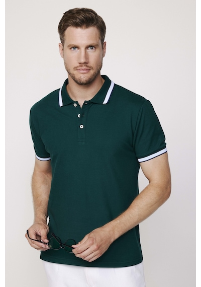 Tudors Erkek Slim Fit Dar Kesim %100 Pamuk Düz Pike Kol Şeritli Yeşil Polo Yaka Tişört-27872