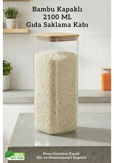 Bambu Kapak Kare 2.1 Litre Hava Geçirmez Bakliyat Gıda Saklama Kabı - 2100 Ml Şeffaf