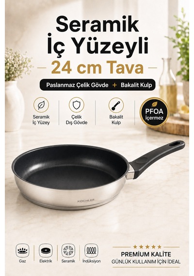 24 Cm Seramik Kaplamalı Paslanmaz Çelik Bakalit Kulplu İndüksiyon Uyumlu Tava Gümüş