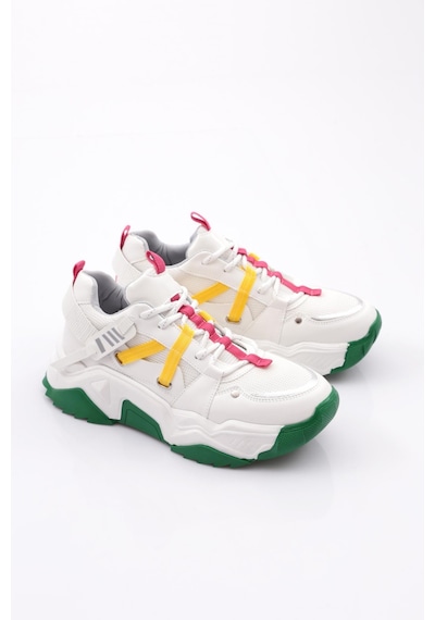 Dgn 65160 Kadin Bağcikli Sneaker Ayakkabi 65160-2027-R145933 Beyaz - Fuşya - Sarı