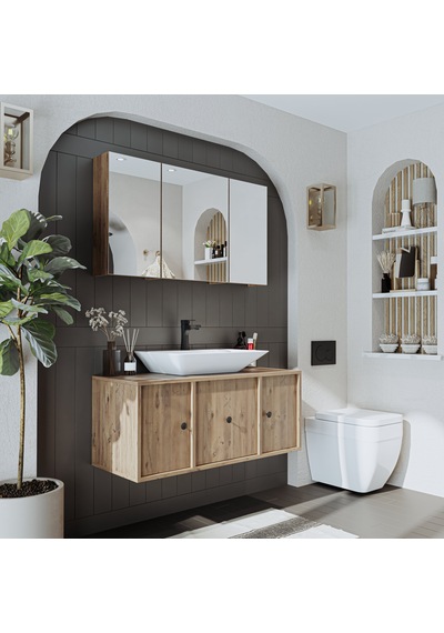 Lavabolu Mat Mdf 105 Cm Çekmeceli Dolap + Aynalı Üst Dolap Atl Atlantik Çam