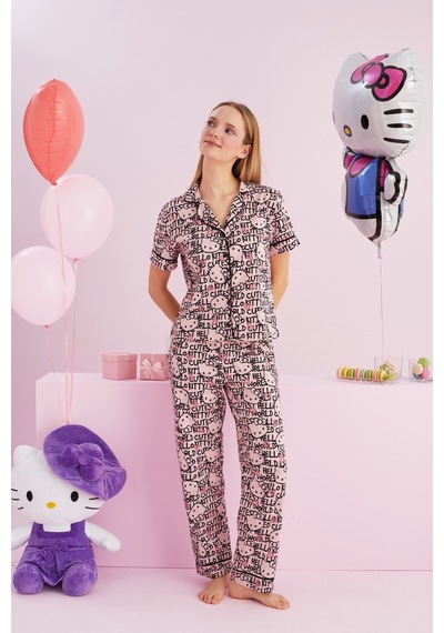 Siyah İnci Lisanslı %100 Pamuk Çok Renkli Düğmeli Biyeli Pijama Takım Hk057 Pembe