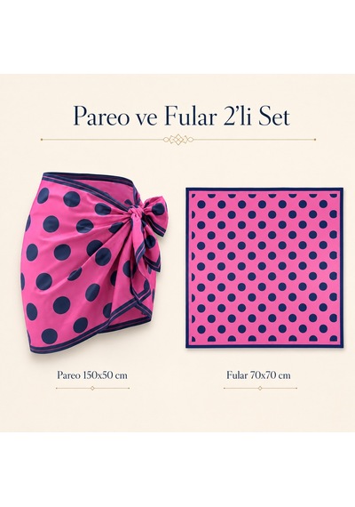 Tarzını Seç Premium Pembe Lacivert Puantiye Desenli 2 Li Kısa Pareo Ve Bandana Seti 150x50 Cm / 70x70 Cm