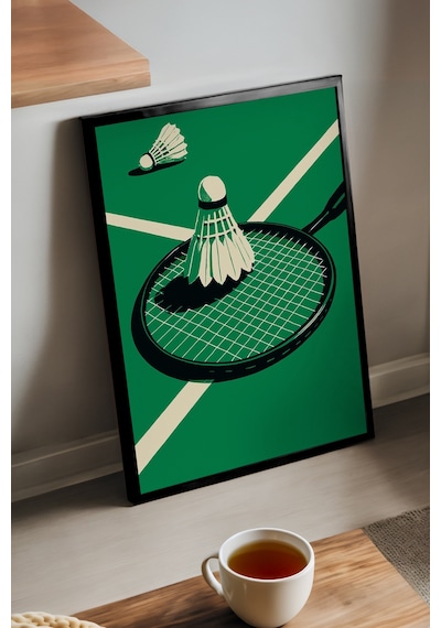 Tenis Raketi Siyah Ahşap Çerçeveli Poster, Dekoratif Spor Duvar Tablosu