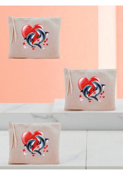Kalp Ve Yunus Baskılı 3'lü Makyaj Çantası 20x25 Cm - Kadın Doğum Günü Hediyesi Kadın Hediye Ürün