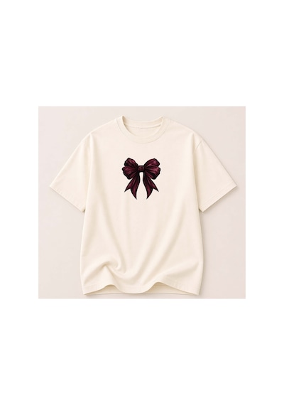 Herkesemoda Kurdele Baskı Baskılı Kadın Bisiklet Yaka Pamuklu T-shirt Krem