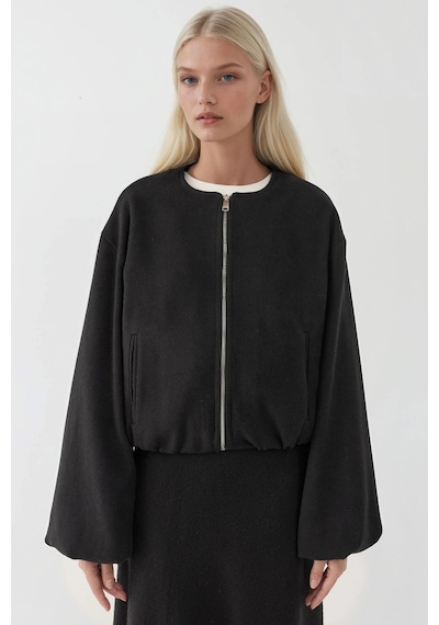 Hiccup Fermuarlı Oversize Kaşe Bomber Ceket Siyah