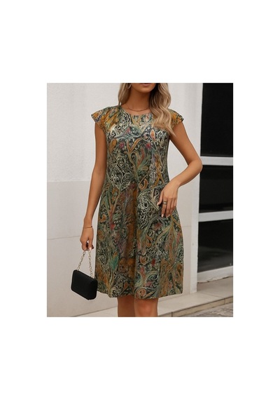 Butik İstanbul Kadın Kısa Kollu Kolları Fırfırlı Bisiklet Yakalı Etnik Desenli Elbise