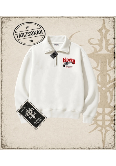 Tarzsokak Gotik & Grunge Streetwear Bloom Yarım Fermuarlı Sweatshirt Beyaz
