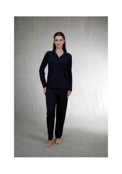 Estiva Kadın Puantiyeli Siyah Önden Düğmeli Soft Pijama Takımı Çok renkli