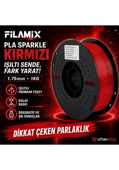 Filamix Pla Sparkle Kırmızı Filament 1.75mm 1kg Simli Parlak Yüzey