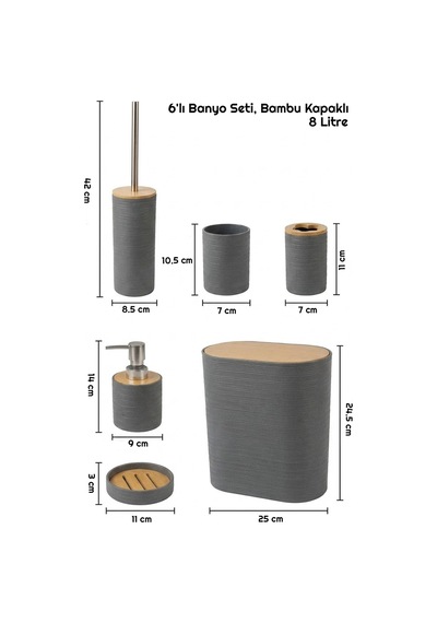 Makri Home 6'lı Banyo Seti, Bambu Kapaklı, Gri, Oval, 8 Litre Gri