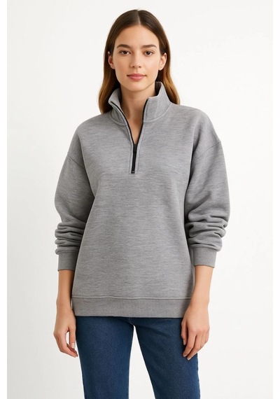 Mbb E-ticaret Kadın 3 İplik Pamuklu Dık Yaka Yarım Fermuarlı Sweatshirt - Gri