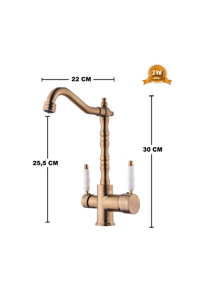 Rena Design Rustik Mat Gold Aritmali 3 Yollu Mutfak Evye Batarya Prinçlüks Musluk Garanti Porselen Kol Armatür