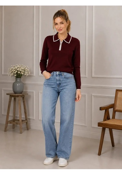 Park Karon Kadın Fermuarlı Polo Yaka Triko Kazak 12506 Bordo