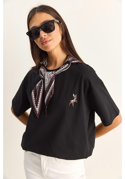 Shade Kadın Ceylan Nakışlı Fularlı Basic Salaş T-shirt 7517 60283977 - Siyah