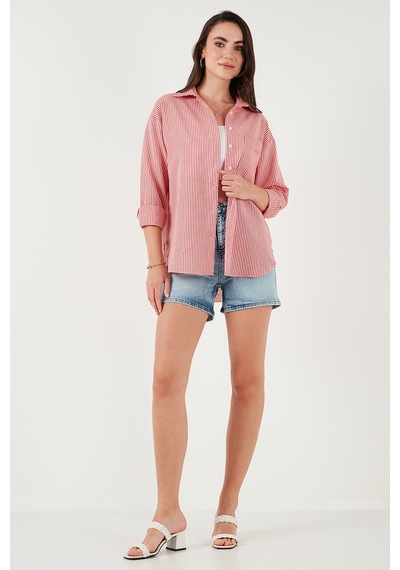 Lela Regular Fit Uzun Kollu Cepli Çizgili Bayan Gömlek 6772895 Kırmızı