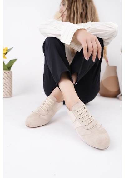 Muggo Vibe Bağcıklı Günlük Kadın Sneaker Spor Ayakkabı Bej