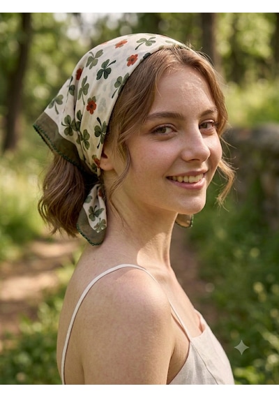 Trend Dokunuş Kadın 50-50 Saten Dört Yapraklı Yonca Fular Bandana Haki