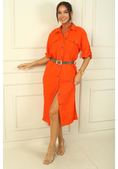 By Saygı Önü Düğmeli Beli Kemerli Çift Cepli Keten Efektli Uzun Elbise-38546-oranj Oranj