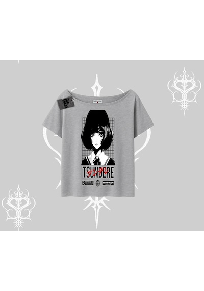 Tarzsokak Kayık Yaka Tshirt Tsundere Anime Japanese Style Baskılı Gri