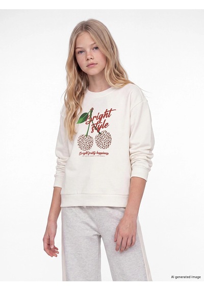 LC Waikiki Lcw Kids Ekru Bisiklet Yaka Baskılı Kız Çocuk 2'li Sweatshirt Ecru