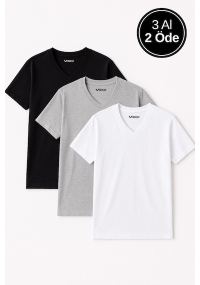Rich Erkek 3'lü Paket Kısa Kollu V Yaka T-shirt Gri