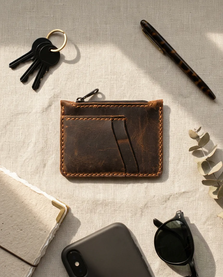Natayleather %100 Hakiki Deri Taba / Vintage / Fermuarlı Mini Cüzdan İnce El Yapımı Unisex Kartlık 12 X 9 Cm