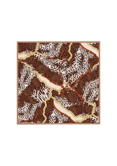 Aker Kahverengi Leopar Desenli İpek Krep Saten Eşarp Camel Camel