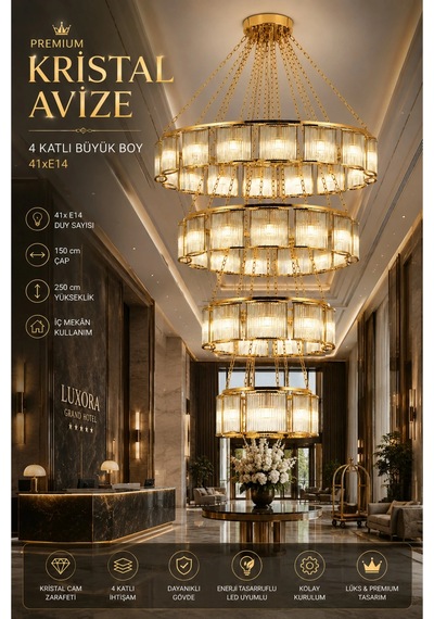 Modern Premium Lüks Gold 4 Katlı Salon Avizesi Büyük Boy Sarkıt Aydınlatma 41xe14