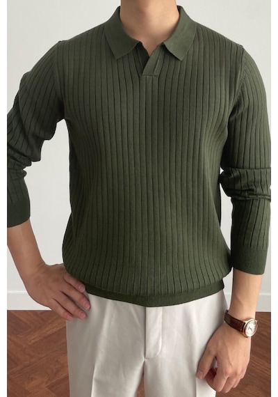 Cool Tarz Erkek Polo Yaka Triko Kazak Slim Fit Fitilli Haki