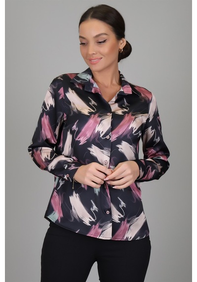 Sweetness Kadın Pembe Bej Desenli Likralı Saten Uzun Kol Abiye Gömlek Dk 1009 Bej
