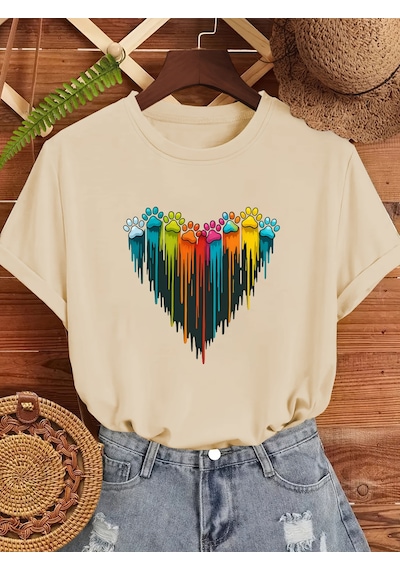 Unisex Sevimli Kedi Patili Kalp Tasarım Basklı Tshirt Bej