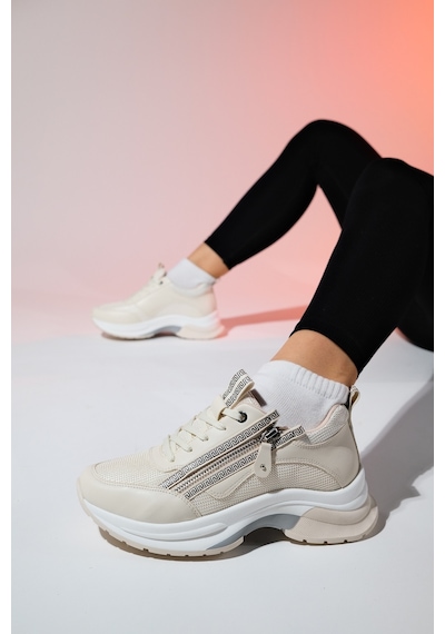 Luvishoes Oude Ekru Kadın Fermuarlı Kalın Taban Spor Sneakers Ekru