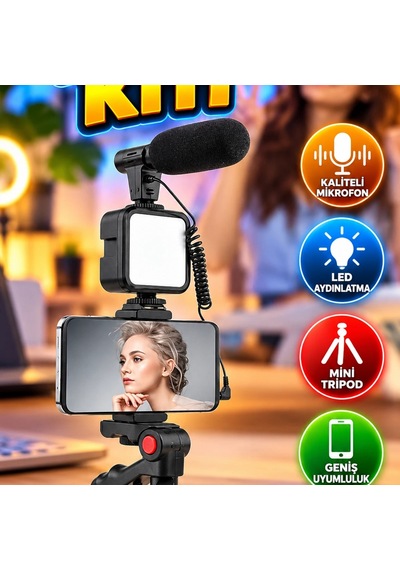 Akıllı Telefon Vlog Kiti Mini Tripod, Led Işıklı Mikrofonlu Telefon Tutucu Seti