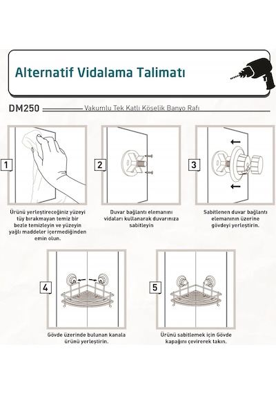 Teknotel Vakumlu Tek Katlı Banyo Köşe Rafı Mat Siyah Dm250 Siyah
